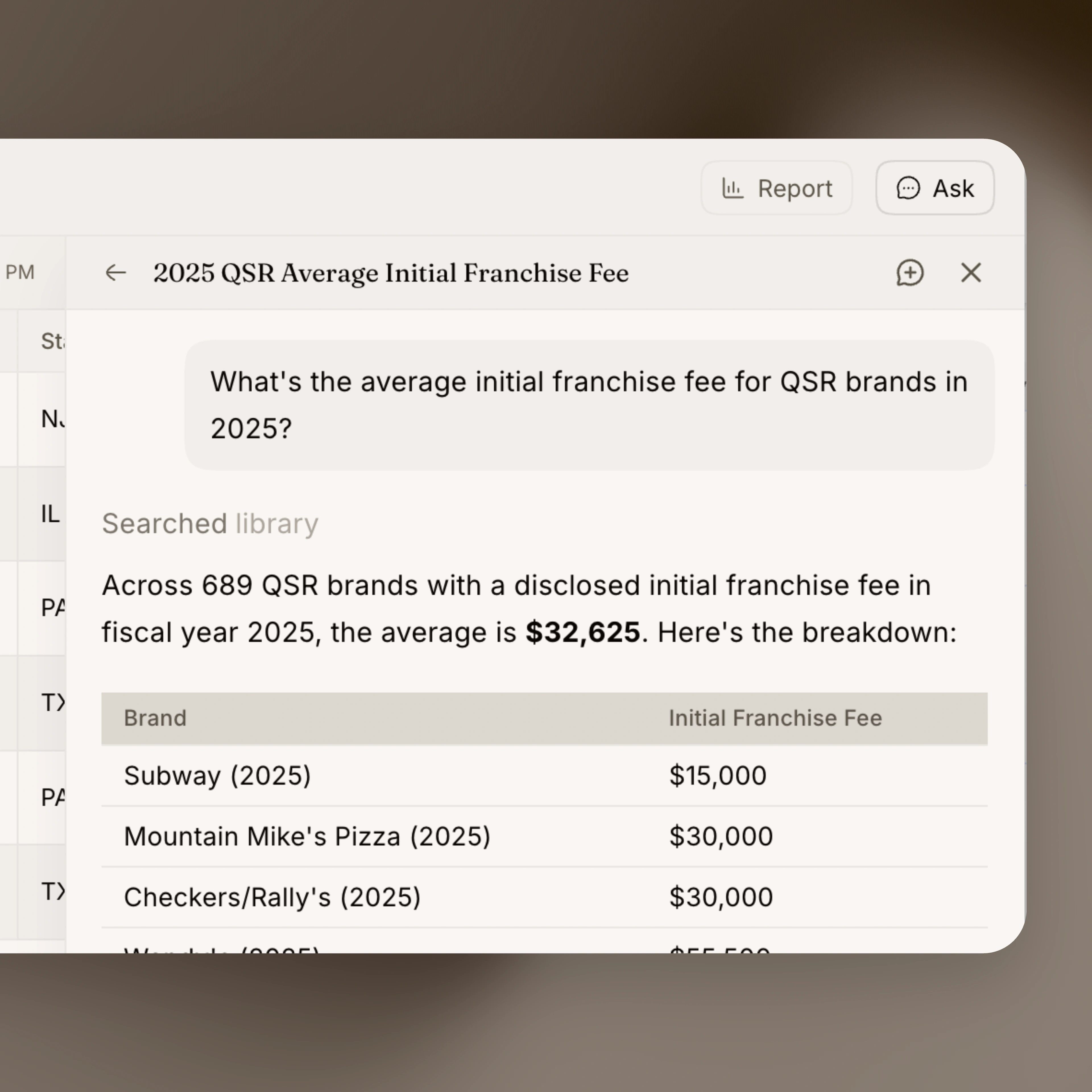 Library Ask Dale answering the average initial franchise fee for QSR brands in 2025, computed across 689 brands with a per-brand breakdown table