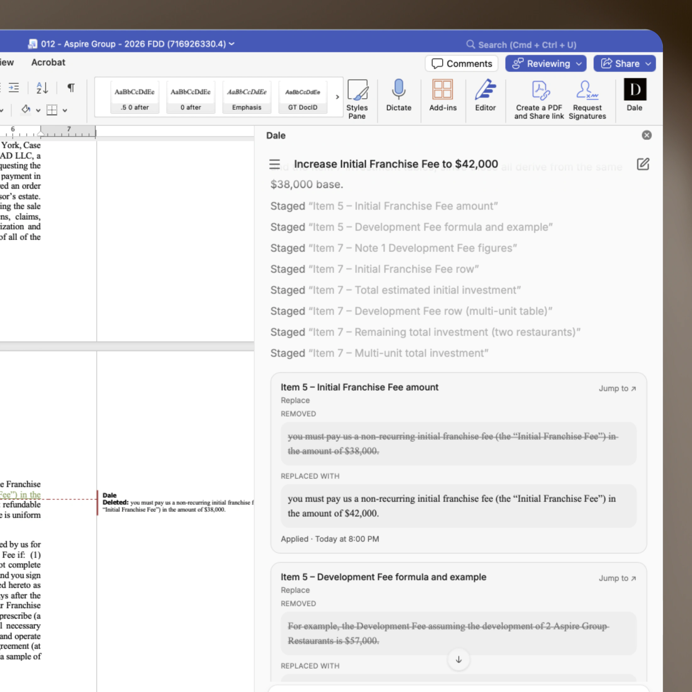Dale for Word in Microsoft Word, applying an initial franchise fee increase across Items 5 and 7 as tracked changes, each staged for review