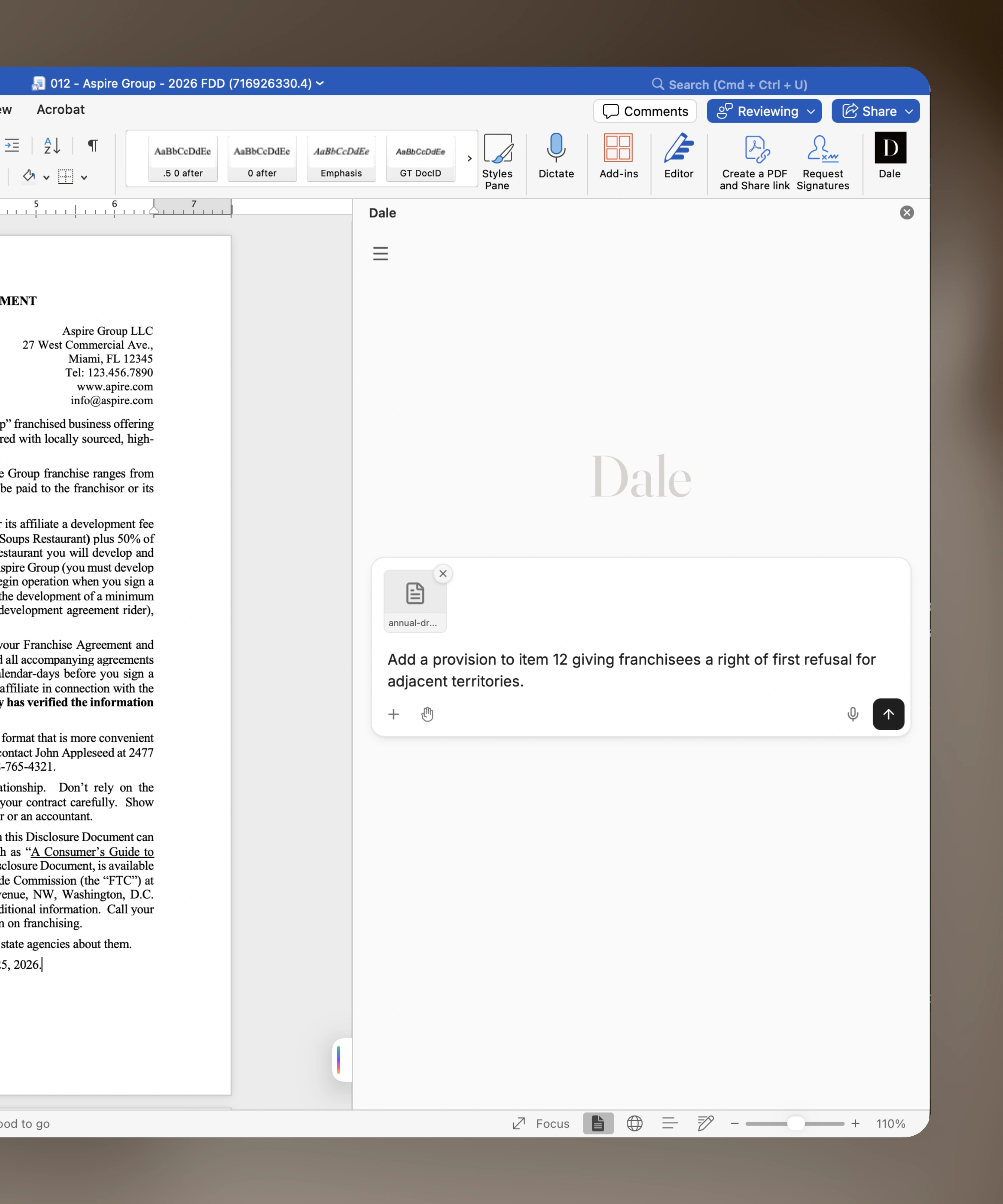 Dale for Word open beside an FDD in Microsoft Word, asked to add an Item 12 right-of-first-refusal provision as a tracked change
